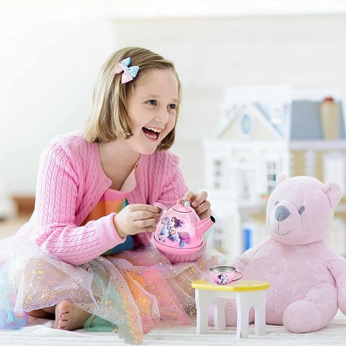 Unicorn Tea Party Set for Toddler Girls – 19-Piece Pretend Play Tin Tea Set with Teapot, Cups, Plates, Spoons & Carrying Case – Princess Kitchen Toys for Kids Ages 3-8 – Birthday Gift