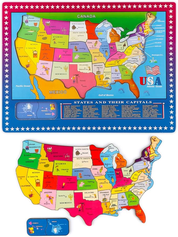 Wondertoys 46 Pieces Wooden USA Map Puzzle for Kids US Map Puzzle Educational Geography Puzzles United States Map Puzzle for Boy Girl