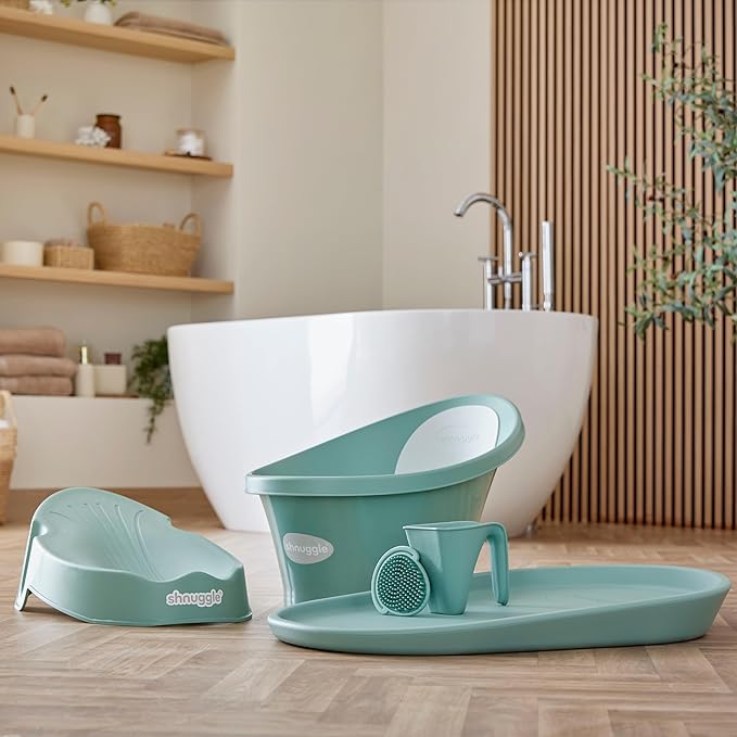 Shnuggle Newborn Baby Bath | Built in Support Bump and Soft Backrest | Suitable from Newborn | Bath Seat Support Includes Plug | Eucalyptus Green