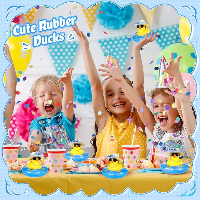 Summer Rubber Duck Mini Yellow Duck Bath Toys Duckies Car Dashboard Decorations with Mini Sun Hat Swim Ring Necklace and Sunglasses for Bathtub Shower Birthday Swimming (12 Set )