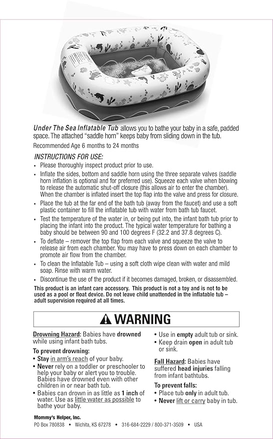 Mommy's Helper | Inflatable Under The Sea Baby Bathtub, Collapsible Safe Baby Bath Tub with Anti-Sliding Saddle Horn Seat, Must Have Travel Toddler Bath, Portable Bathtub Recommended Months 6 to 24