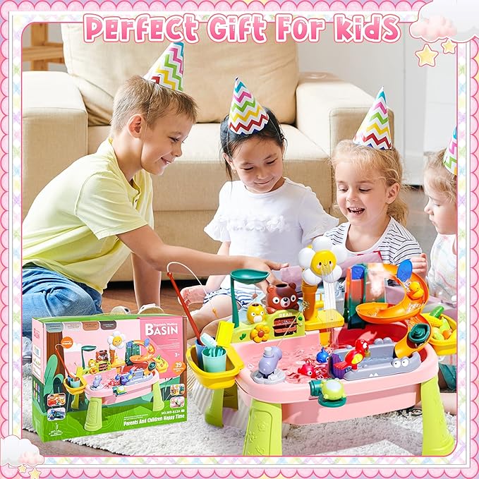 2026 Upgraded Toddler Sand Water Table Toy with Electric Water Pump, Kids Sand Water with Faucet/Play Food Accessories/Fishing Toy, Kitchen Play Sink Toys for Girl Boy Age 3+