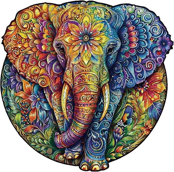 Wooden Jigsaw Puzzle for Adults - Mandala Elephant Unique Animal Shaped, 13.3x13.2in, 300 Pieces, Zen Art, Challenging and Fun Gift