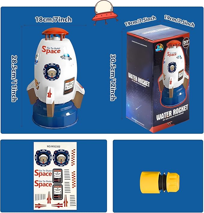 Water Rocket Sprinkler for Kids, Outdoor Sprinkler Rocket Launcher Toy for Backyard, Summer Water Toys for Kids Ages 3-12, Fun Water Powered Rocket Toy (White-5)