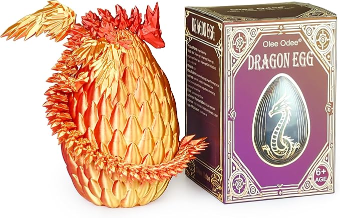 3D Printed Dragon Eggs with Articulated Fly Dragon Inside, Collectible Figurines Fidget Toy for Adults Kids Birthday Easter Christmas White Elephant Gifts for Friends Colleagues(Red Gold, M size)