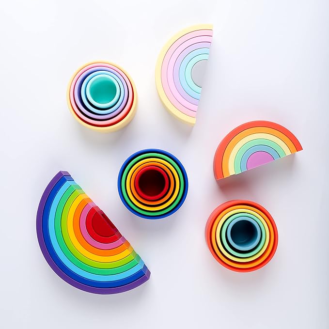 BLUE GINKGO Silicone Rainbow Stacker - Montessori Nesting Puzzle | Kids and Toddler | Stacking Sensory Toys - 10 Layers (Vibrant)