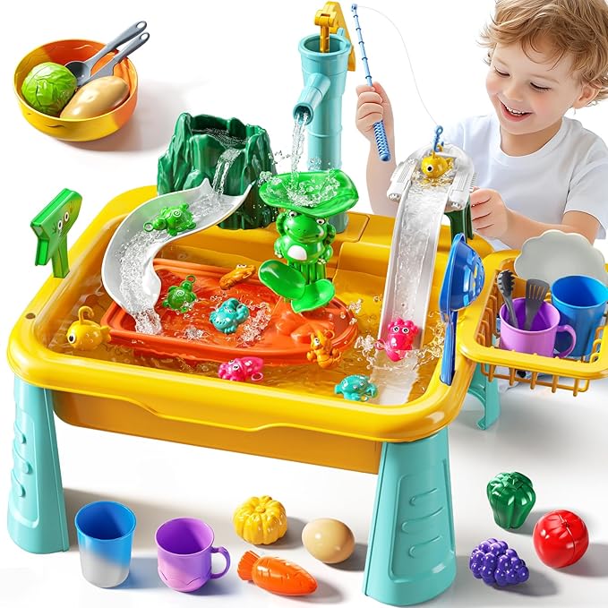 Water Table Play Sink Toy for Kids 3 4 5 6 Years Old - Outdoor Kitchen with Running Water, Fishing Games, Toddler Water Play Table for Kids Ages 3-8, Beach Outdoor Toys, Summer Gifts