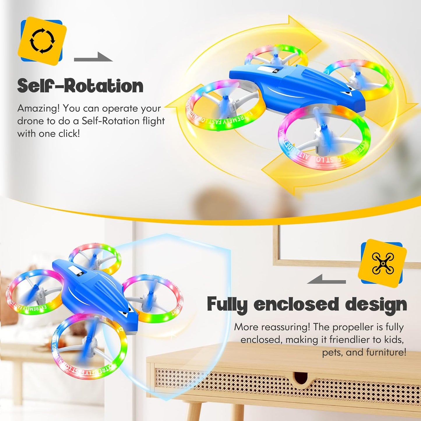 Drones for Kids With Cool Light, Kids Drone with 3D Flip, Altitude-Hold, Self-Rotation, Headless Mode, 3 Speed Modes, One-Click Take-off/Landing, Mini Drone for Christmas, Beginners, Indoor