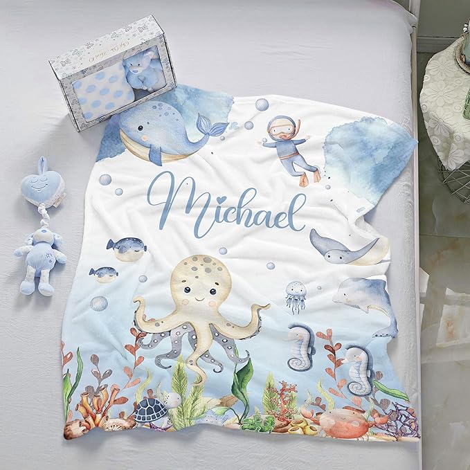 J&SBGFT Personalized Baby Blanket for Boys with Custom Name, Receiving Blanket for Toddlers and Kids' Nursery, Stroller, Crib, Decor and Throw, Undersea