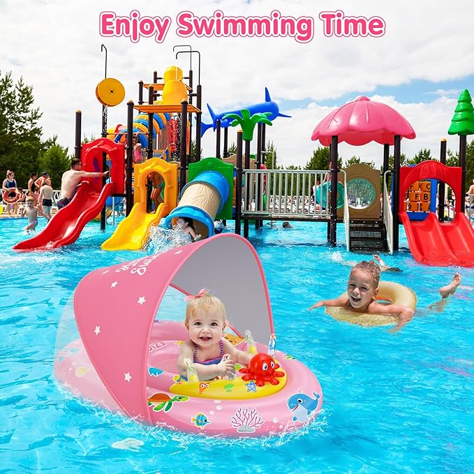EZIGO Baby Pool Float with Canopy UPF50+ Sun Protection, Inflatable Kids Pool Floats with Ocean Animal Toys for Baby 6-36 Months, Infant Swimming Float with Adjustable Safety Seat for Boys Girls