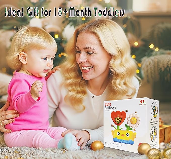 Durable Bath Toys for Toddlers 1-3 with Spinning Flower, Baby Waterfall Bathtub Toy W/Suction Cup and Spoon,Kids Bathtub Shower Play Set for Fun Bath Time Play