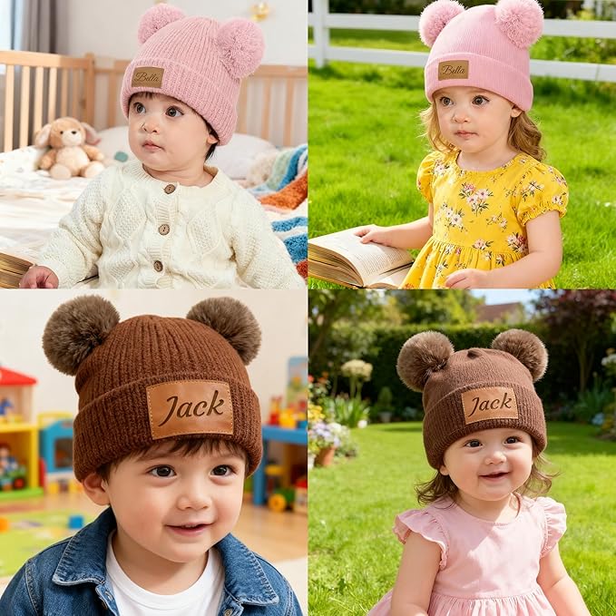 Custom Baby Beanies Personalized Toddler Winter Hats Name Leather Patch Kids Knit Warm Hat for Infant Boys Girls Adult
