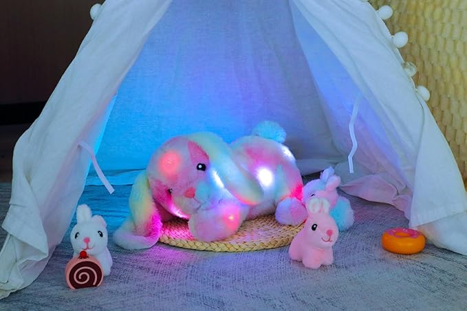 Hopearl LED Stuffed Rabbit Lighting Up Bunny Plush Toy Playset Mommy with 3 Babies in her Tummy Lullaby Animated Soothe for Mom Kids Toddler Girls, Rainbow, 12''