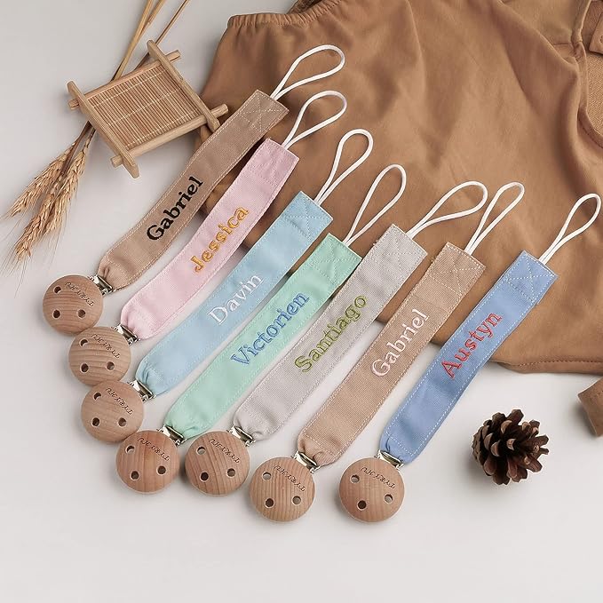 TYRY.HU Personalized Pacifier Clip with Name, Embroidery Pacifier Holder for Baby Girls and Boys, Neutral Binky Clips Universally Fit All Pacifiers & Baby Toys, Baby Gift, 2 Pack(Pink, Khaki)