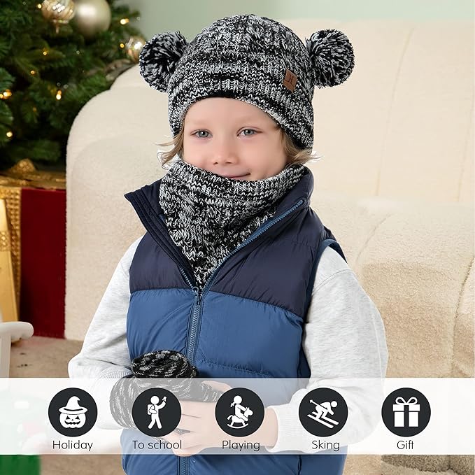 Kids Toddlers Winter Beanie Hats Gloves Neck Scarf Set Mittens Gifts for 0 6 12 Months 1 2 3 4-8 Year Old Baby Girls Boys