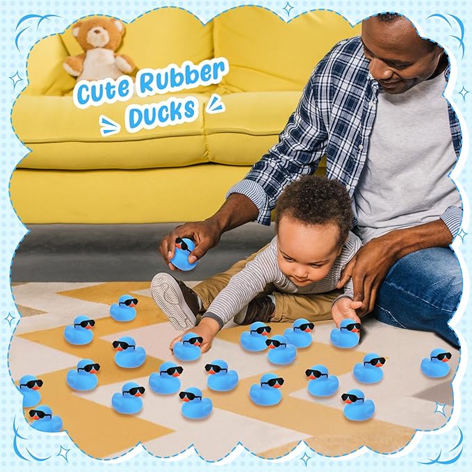 Sosation 36 Packs Mini Rubber Ducks with Sunglasses Sets 2.2 Inch Bath Squeaky Rubber Duckies Cute Float Bathtub Toys for Christmas Birthday Party Favors Class Prizes Car Decor(Blue)