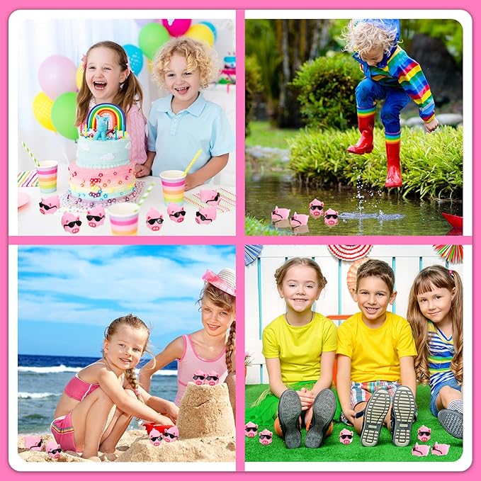 Liliful 100 Sets Mini Rubber Pig Bath Toy with Sunglasses Pink Float and Squeak Pig Bathtub Toys for Baby Shower Halloween Christmas Birthday Party Supplies