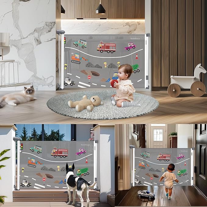 Retractable Gates for Stairs, Mesh Dog Gate for The House, Wide Pet Gate 34" Tall, Extends to 71" Wide, Long Safety Gates for Doorways, Hallways, Cat Gate Indoor/Outdoor (Car)