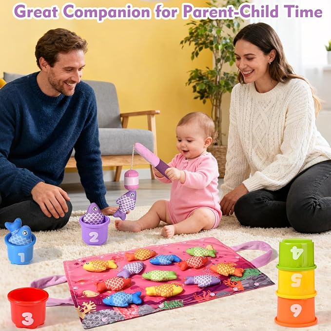 Montessori Toys for 1 Year Old Girl Gifts, 20PCS Pink Cloth Fishing Toy for Toddler 1-3, Fine Motor Skills Toy Sorting Learning Baby Toys 6-12-18 Months, One Year Old Girl Boy Birthday Gifts