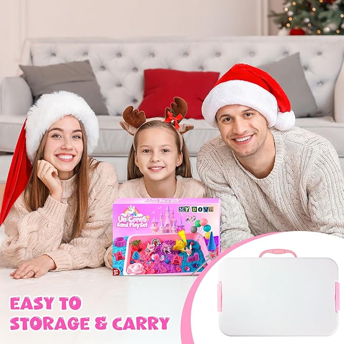 MYDOVA Unicorn Sensory Bin for Girls, Magic Sand Sensory Bin Art Kit for Boys and Girl with Sandbox, Castle Molds, 2.18lb 3 Color Sand, Unicorn Toy Kits Christmas Birthday Gift for Toddler Ages 3+