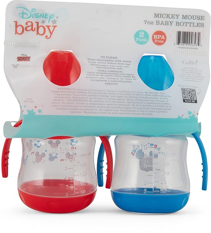 Disney 2 Pack 7 Ounce Baby Bottles with Character Prints and Colored Covers with Double Handle - BPA Free and Easy to Clean