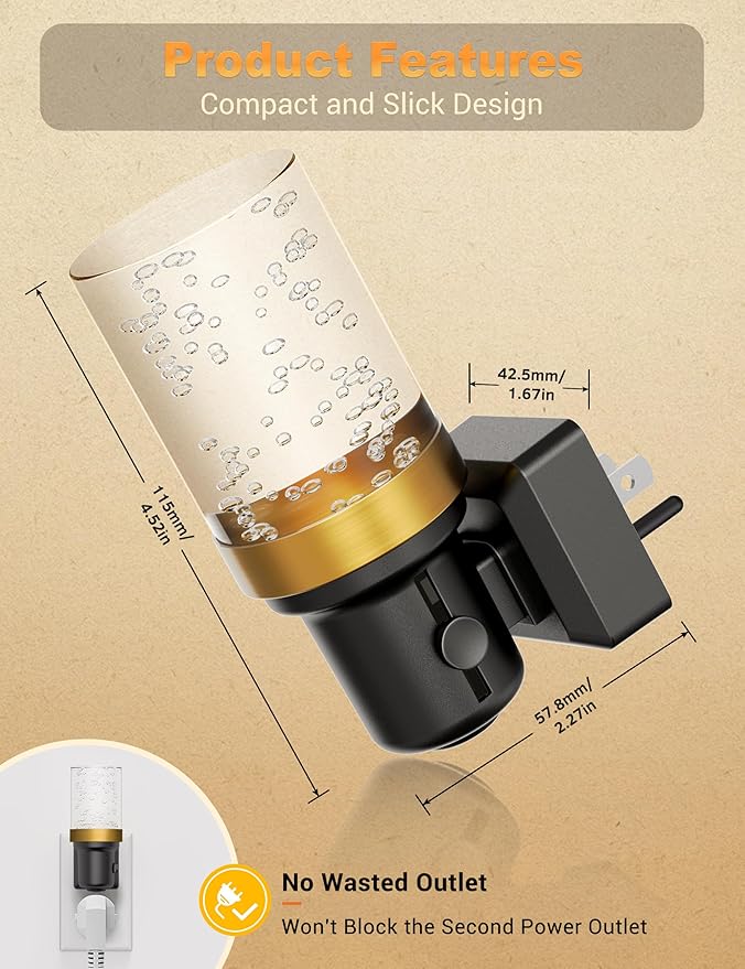 JandCase Night Light, Dimmable Night Lights Plug into Wall, Auto On/Off Light Sensor Nightlight, 3000K Warm White 0-100LM Brightness LED Nightlight, for Bathroom Hallway Bedroom Kids Room