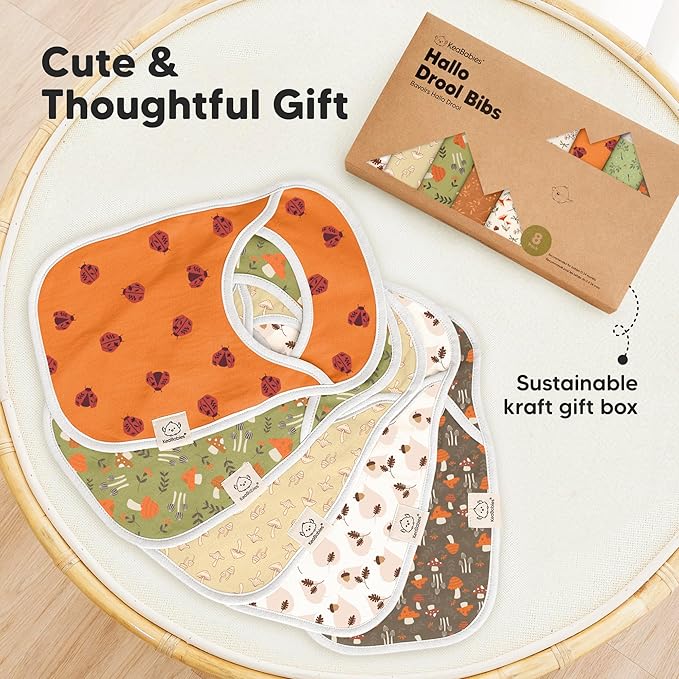 8-Pack Baby Bibs for Boys, Girls - Pullover Bibs for Drooling Teething Baby Girl & Boy Toddler, Newborn, Soft & Absorbent, Cute Colors, Large Torso Coverage Keep Infant Clean & Dry (Fall Spores)