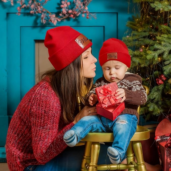 Custom Baby Beanies Personalized Toddler Winter Hats Name Leather Patch Kids Knit Warm Hat for Infant Boys Girls Adult