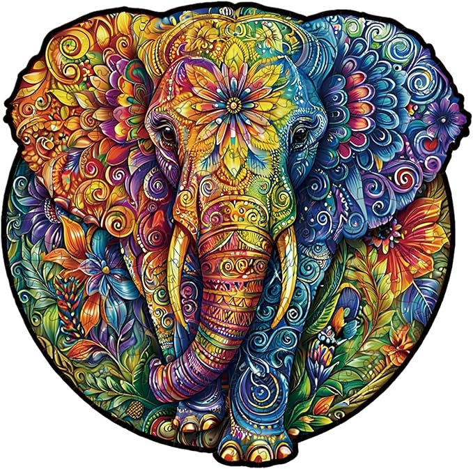 Wooden Jigsaw Puzzle for Adults - Mandala Elephant Unique Animal Shaped, 11.1x11in, 200 Pieces, Zen Art, Challenging and Fun Gift