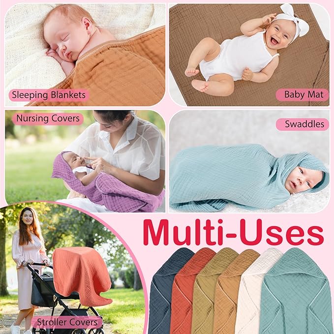 Peryiter 6 Pcs Muslin Hooded Baby Towels, 32"x 32" Cotton Newborn Bath Towel Muslin Infant Baby Blankets Absorbent Unisex Newborn Registry Gift Essentials for Girls Boys (Orange)