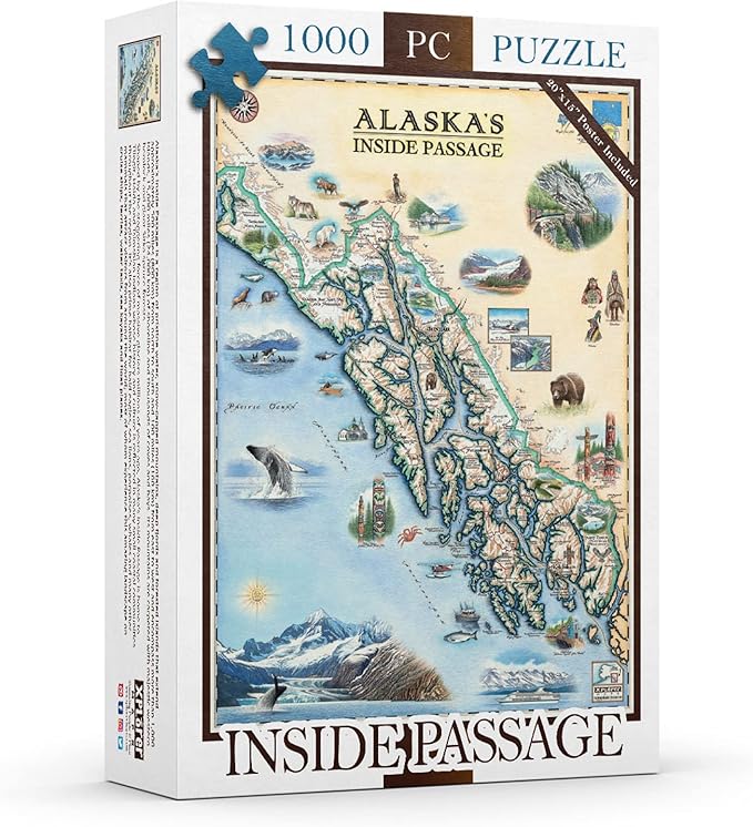 Alaska Inside Passage Map Jigsaw Puzzle – 1000 Pieces, Hand-Drawn Artwork, Educational Family Puzzle, Includes Poster – 19.8” x 26.4”