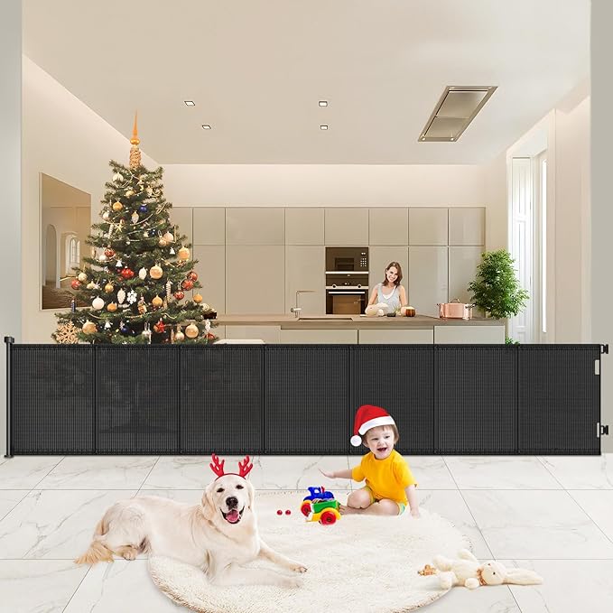 Pawtners Retractable Baby Gates Extra Wide, 41" Tall Extends up to 120" Wide, Dog Gate Indoor for Stairs, Pet Gate with Support Rods for Doorways Hallways Indoor & Outdoor-Black