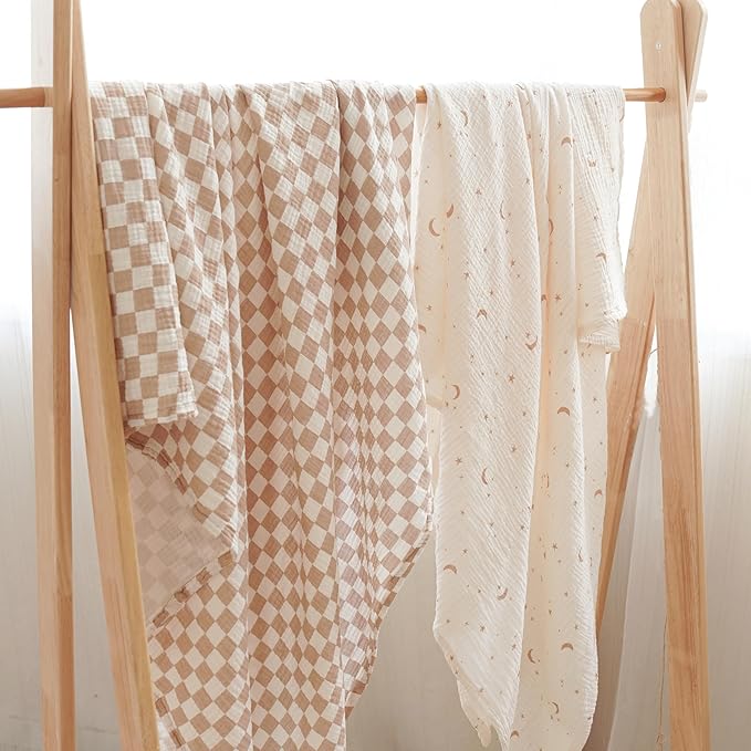 Konssy Muslin Swaddle Blankets for Girls Boys, 2 Pack Receiving Baby Blanket Large 47 x 47 inches, Soft Breathable Swaddling Wrap for Unisex Newborn (Coffee Check,Moon)