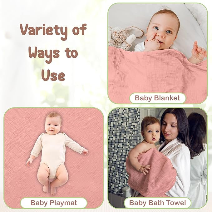 Organic Cotton Muslin Baby Hooded Towels - 32x32 Inch, 2 Pack Newborn Bath Towels for Boys & Girls, Soft & Absorbent Bath Set (Rose/Peach)