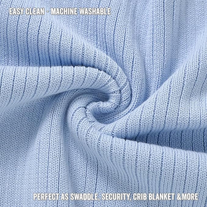 Organic Ribbed Swaddle Blanket for Boys & Girls - 100% Luxury Organic Soft Cotton Knit Warm Cozy Cuddle Stroller Blanket for Newborns, Infants, & Toddlers (Sky Blue)