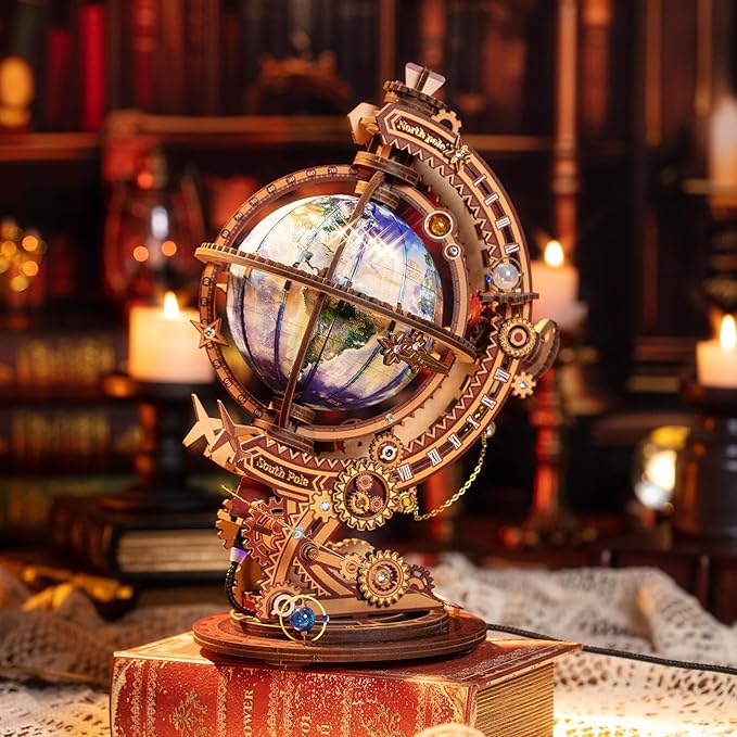 MU Model 3D Wooden Puzzles Rotating World Globes USB Charging Illuminated Craft Work 3D Metal Puzzles for Adult, Models Kits Music Boxes Miniature Building, DIY Set