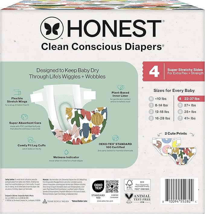 The Honest Company Clean Conscious Diapers for Delicate Skin | Up to 100% Leakproof | Hypoallergenic, Fragrance Free | Gender Neutral | Club Box, Size 4 (22-37 lbs), 54 Count (Prints May Vary)