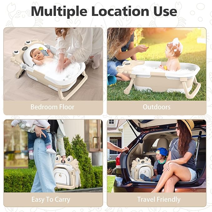 Collapsible Baby Bathtub for Newborns with Thermometer and Soft Floating Cushion Portable and Foldable Travel Baby Boy Bath Tub for Infants to Toddler 0-36 Month (Beige)
