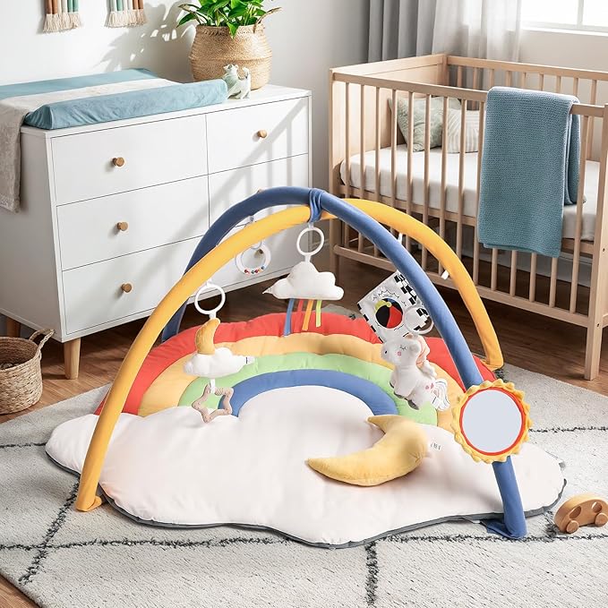 Baby Gym Play Mat with 6 Detachable Toys, Tummy Time Mat for Floor, Promote Motor Skills & Sensory Development Mat for Infant, Washable Baby Activity Mat, Easy to Install, Baby Essentials Gift-Rainbow