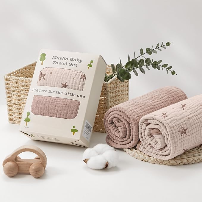 Susurration Hooded Baby Towels for Newborn 2 Pack 100% Muslin Cotton Towel for Babies,Highly Absorbent and Newborn Essential 30x30 Inch Pink Star&Sand