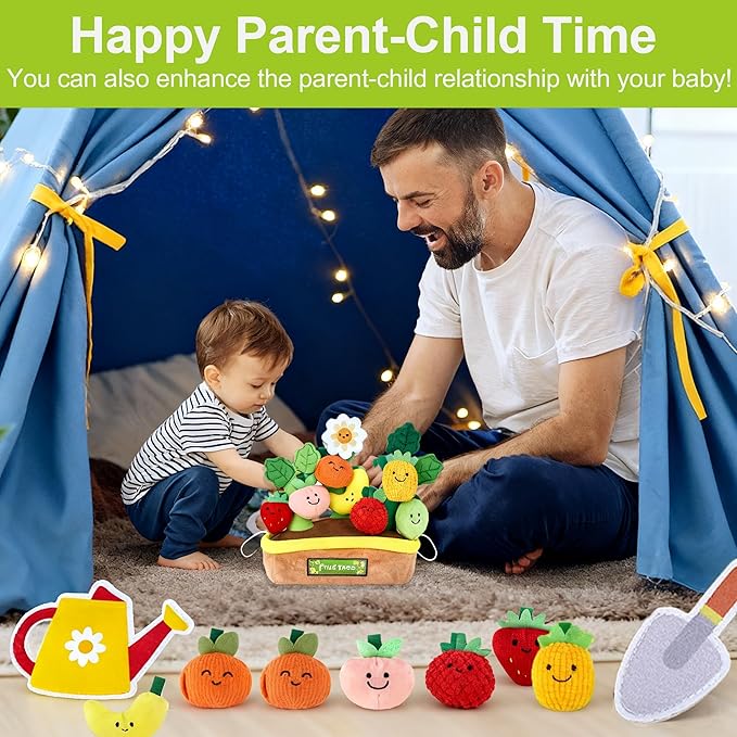 Toddlers Montessori Toys, Fruits Tree Baby Sensory Toys for 1 2 3 Year Old Boy Girl, Infant Toys with Rattle,Numeric Crinkle Tissues, Color Shape Sorting Numeracy Skills Birthday Gift for Age 0-2+