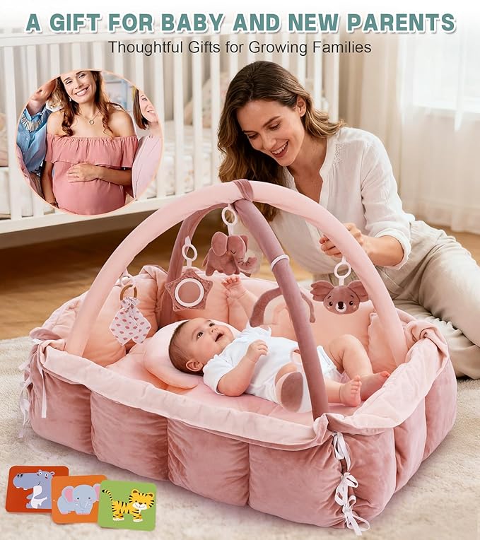 5-in-1 Baby Play Gym and Tummy Time Mat, Tummy Time Pillow & 12 Learning Cards, Plush Activity Mat with 6 Toys, Baby Gym, Convertible to Ball Pit & Pet Bed, Baby Gift, Pink
