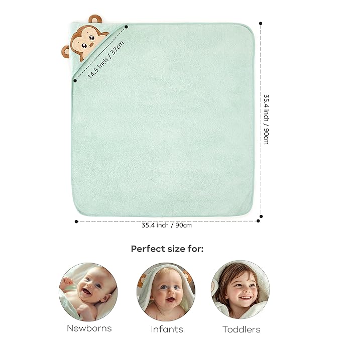 Bamboo Baby Towels with Hood – Mint Green 35x35” | Ultra-Soft Rayon from Bamboo & Cotton Bath Wrap | Adorable Monkey Hood for Newborns, Infants & Toddlers for Boys & Girls