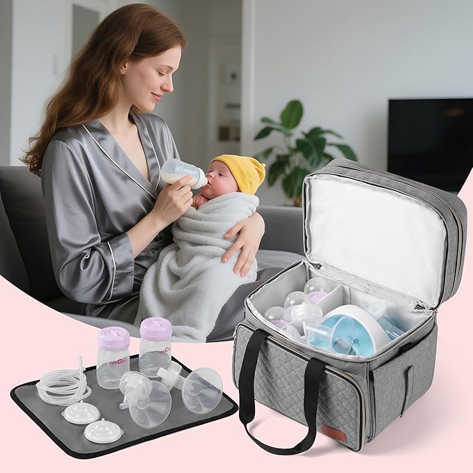 Breast Pump Bag Fits for Spectra S1 and S2, Double Deck Pumping Bag with Waterproof Mat for Pump Accessories, Pump Carrying Bag for Moms Work, Travel - Grey