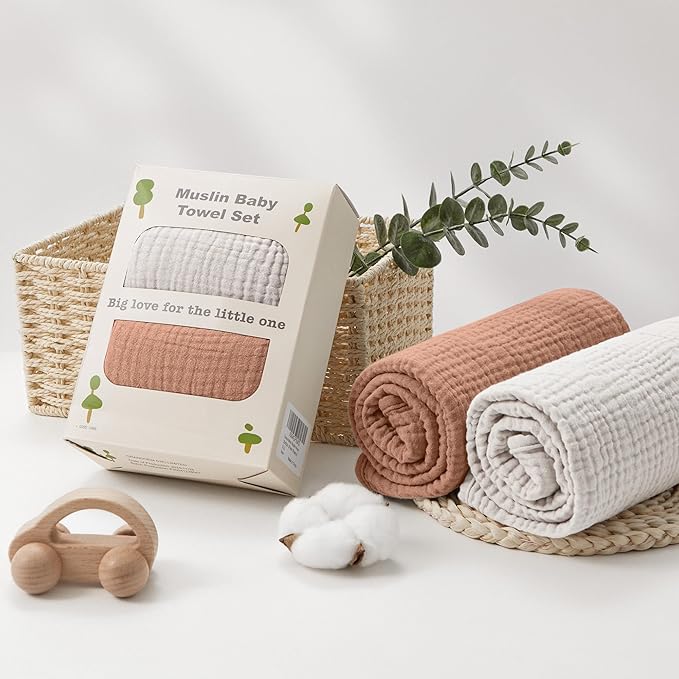 Susurration Hooded Baby Towels for Newborn 2 Pack 100% Muslin Cotton Towel for Babies,Highly Absorbent and Newborn Essential 30x30 Inch (Brown)