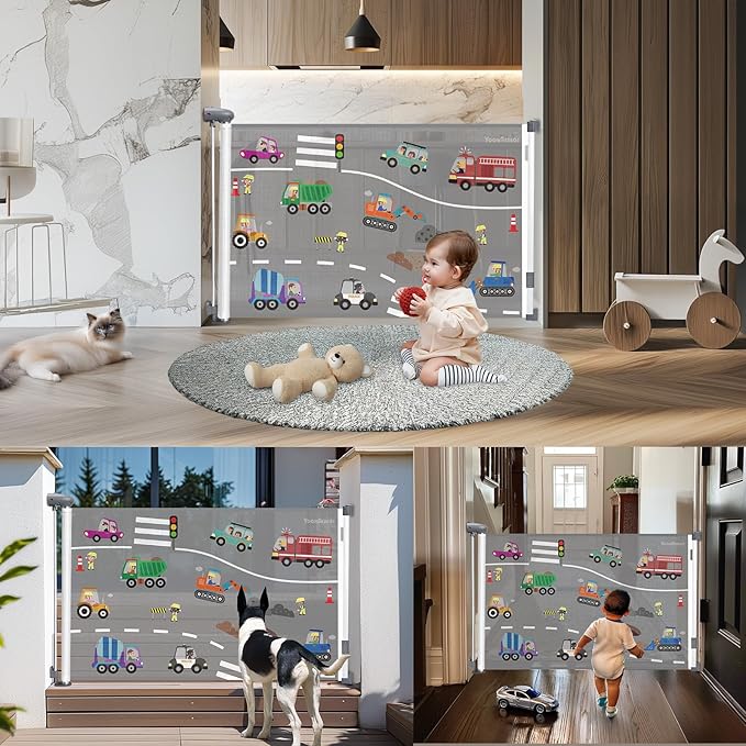 Retractable Gates for Stairs, Mesh Dog Gate for The House, Wide Pet Gate 34" Tall, Extends to 55" Wide, Long Safety Gates for Doorways, Hallways, Cat Gate Indoor/Outdoor (Car)