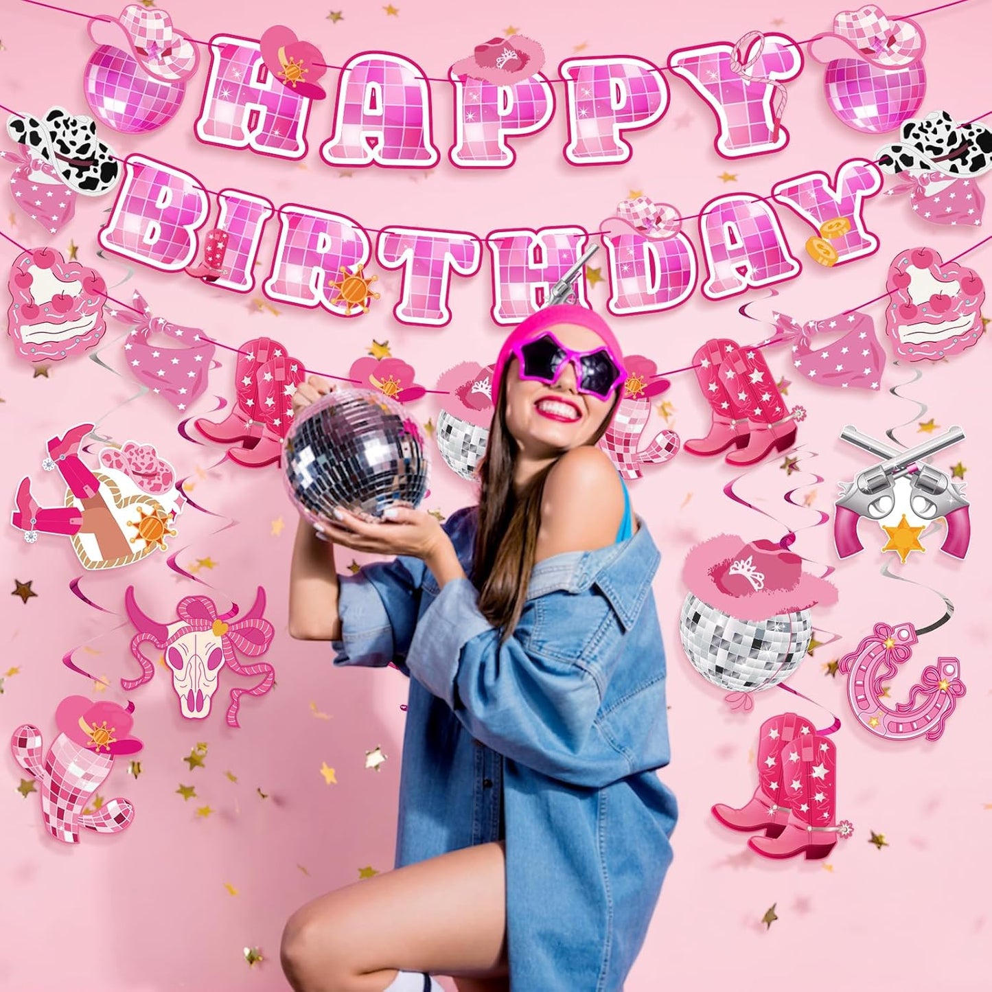 Disco Cowgirl Birthday Party Decorations, Pre-strung Happy Birthday Banners and 12 Hanging Swirls, Western Disco Theme Party Supplies for Girls, Teens, or Adults