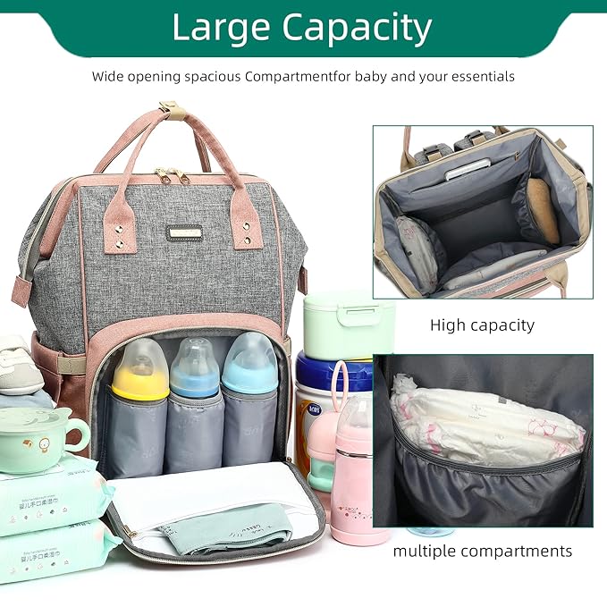 Diaper Bag Backpack, Diaper Bags for Baby Girls Boys, Baby Bags for Moms Dads, Nappy Changing Bag with Insulated Pockets,Multi-functional Waterproof Backpack with Stroller straps-Pink