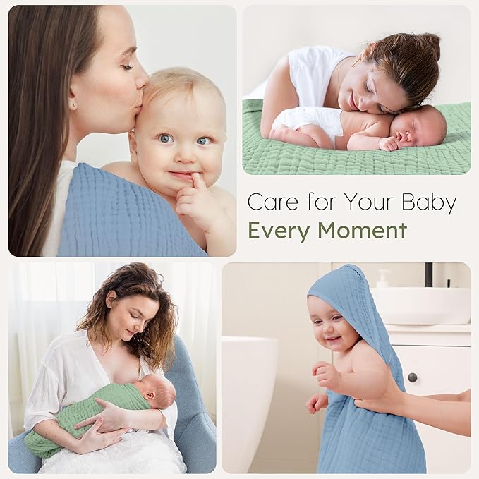 Looxii Baby Bath Towels 2 Pack Muslin Hooded Baby Towels for Newborn and Infants, 100% Cotton, Large 32x32Inch, Soft and Absorbent Blue+Green