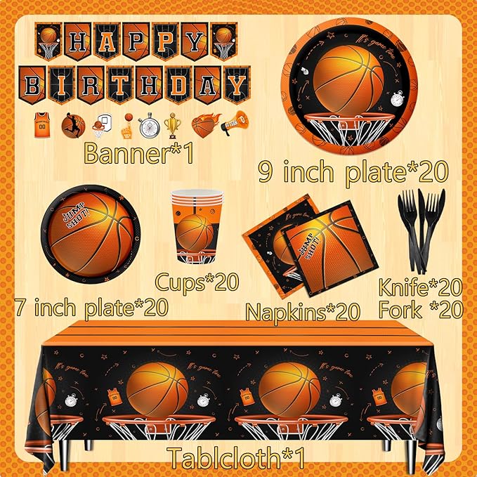 Basketball Party Supplies, 142Pcs Basketball Sports Theme Birthday Party Supplies Tableware Set,Include Basketball Plates and Napkins,Cups,Banner,Tablecloth for Basketball Birthday Decorations